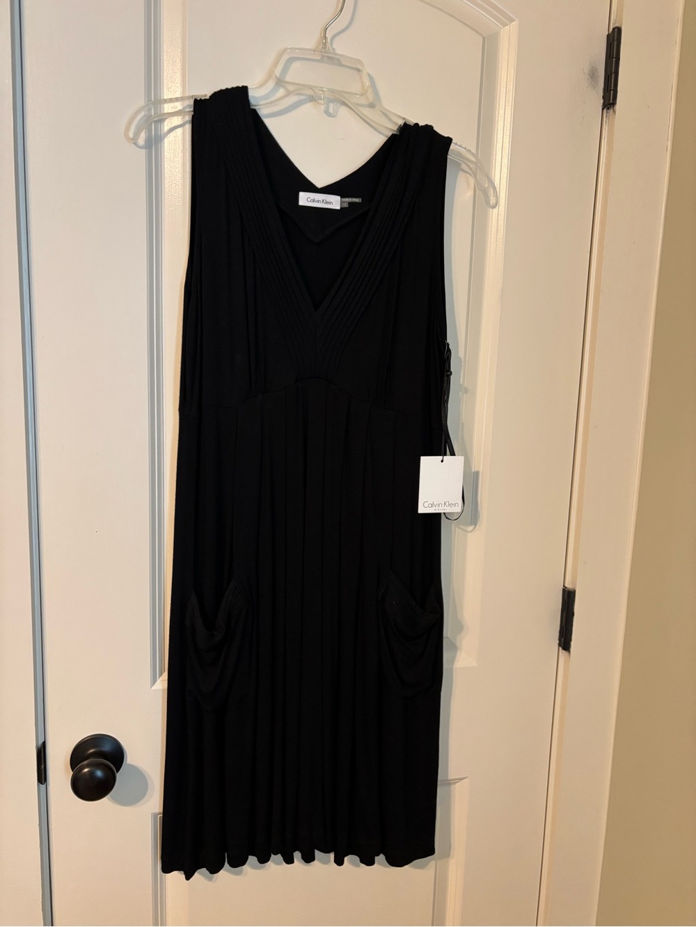 Calvin Klein Black Sleeveless V-Neck Pleated Dress with Side Pockets